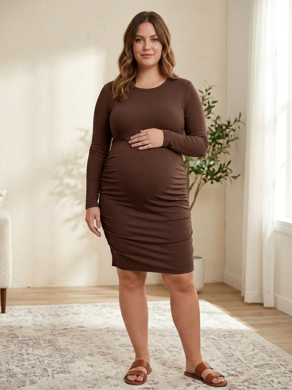 Women's Brown Long-Sleeve Maternity Dress